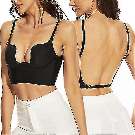 Miman Womens Low Back Bra Wire Lifting Deep U Shaped Plunge Backless Bra With Convertible Clear Straps