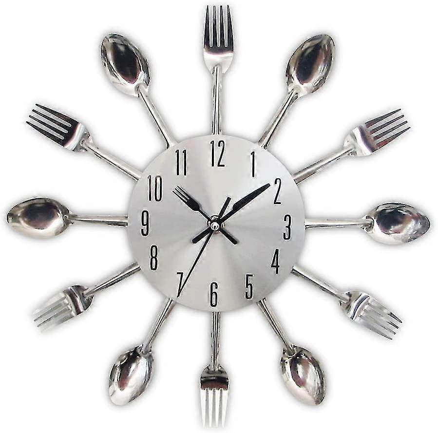 Mirror Effect Kitchen Clock With Spoon Fork Removable 3d Sticker For Home Decoration 32*32*4cm Metallic Silver