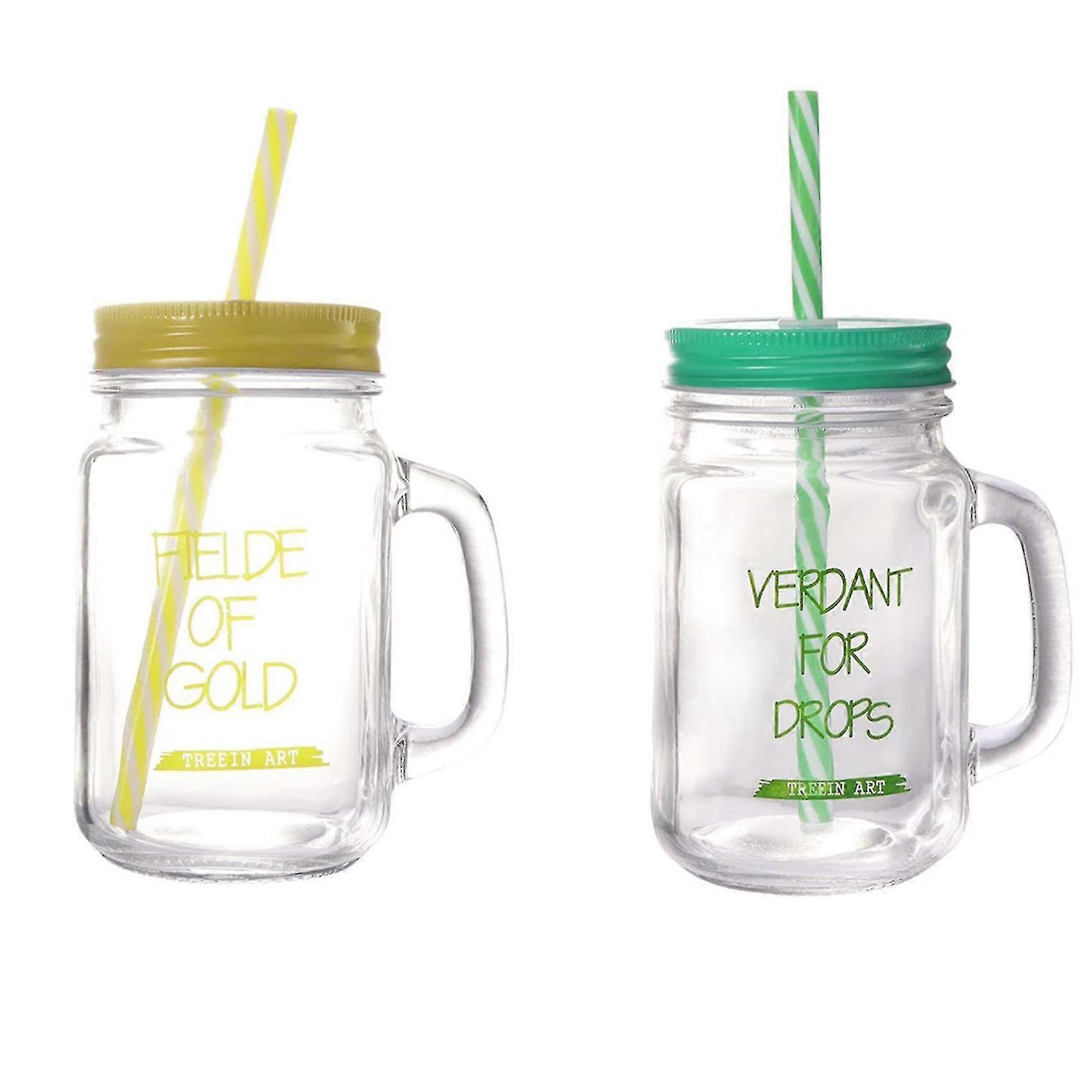 450ml Drinking Glass Set Mason Jar Mugs With Handle &straws Yellow