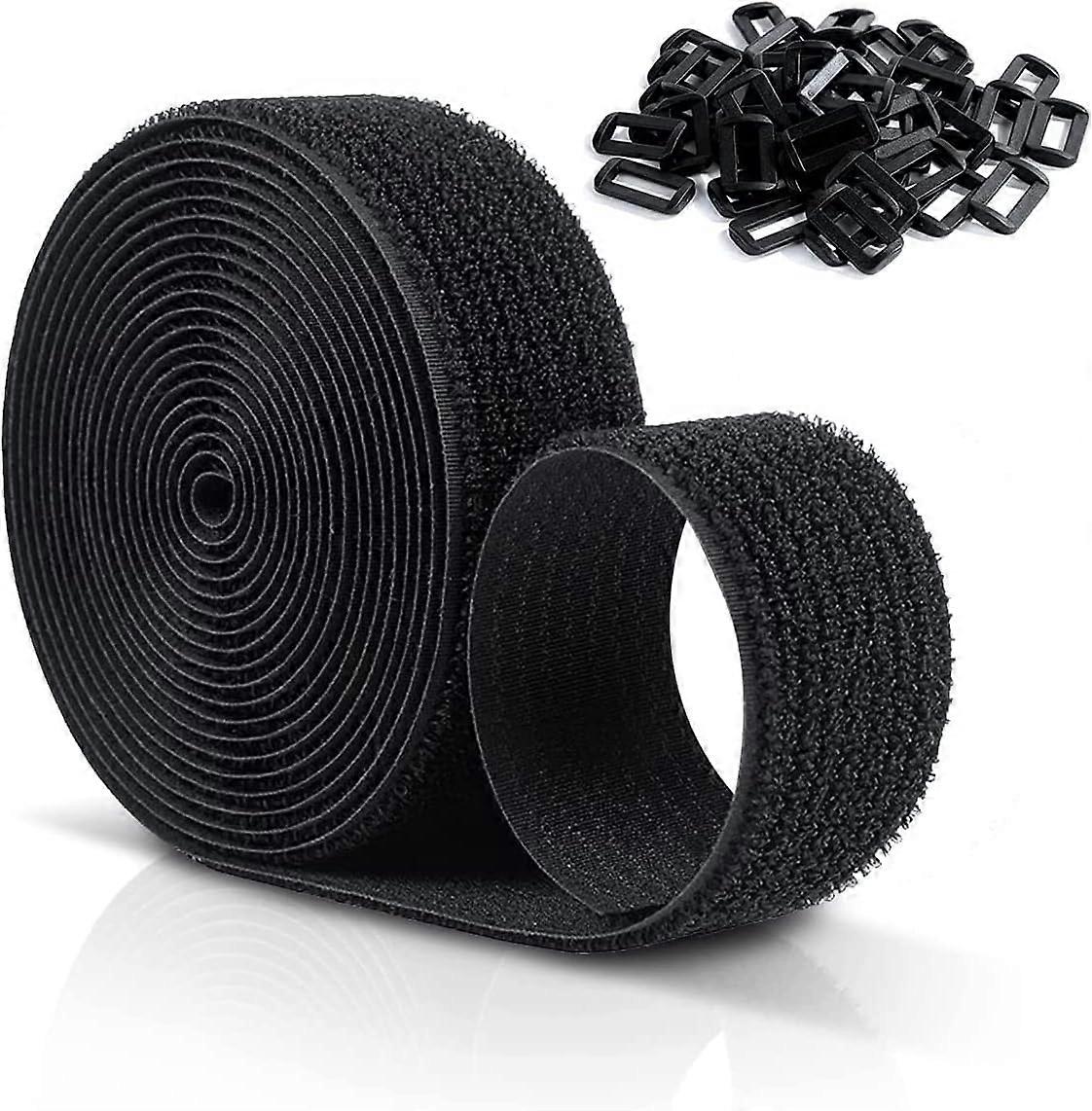 10 MX 20mm Reusable Velcr Scratch Straps, Adjustable Cable Straps with 50 Plastic Buckles, Free to Cut Black Nylon Velcr Cable Ties