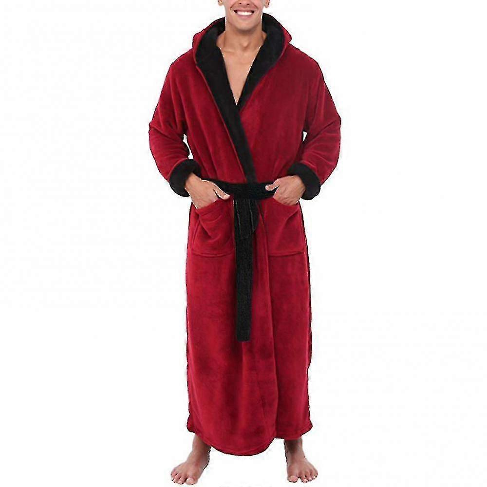 Lommer Bløde mænd Coral Fleece Color Block Long Bath Kåbe Hjemmekjole Nattøj-jie