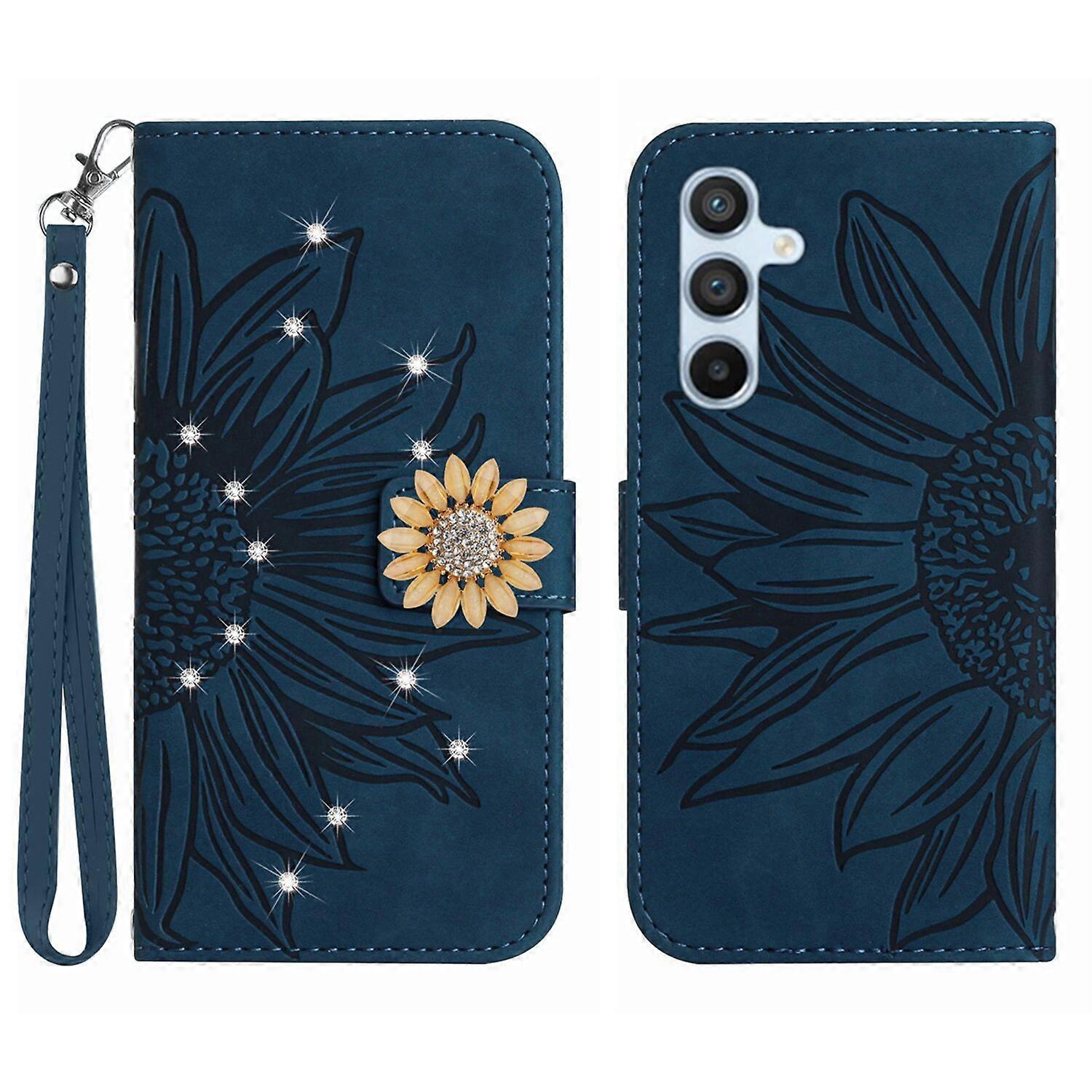 Foxdock Compatible With Samsung Galaxy A34 5G Embossed Sunflower with Diamonds Magnetic Card Holder
