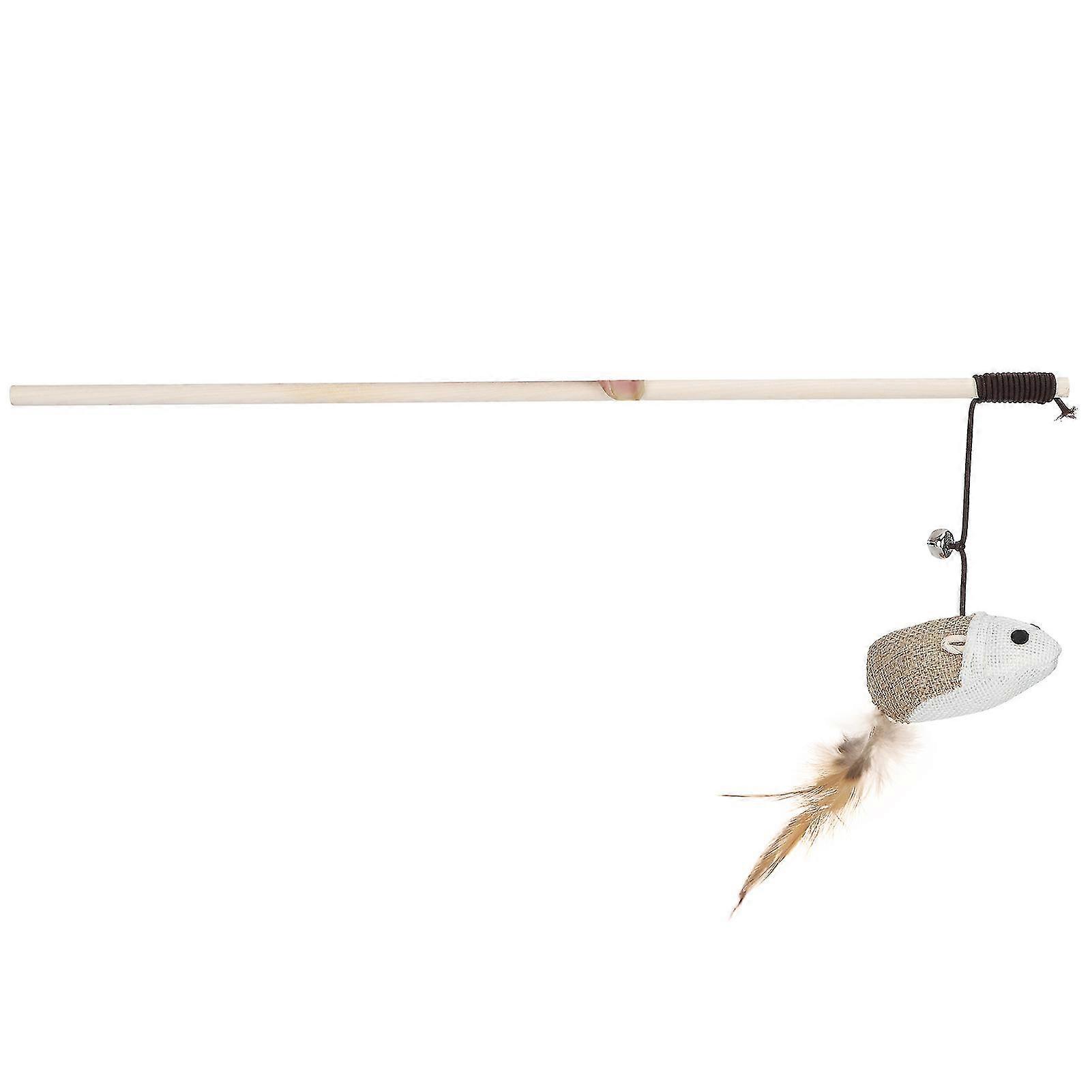 Cat Teaser Toy with Feather, Crisp Bell, and Linen Mouse - Wooden