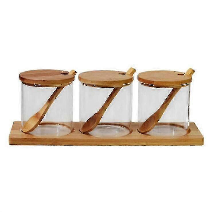 3 قطع المطبخ زجاجة التوابل الزجاجية واضحة مع غطاء خشبي ملعقة خشبية زجاجة طول 8 سم * 8 سم