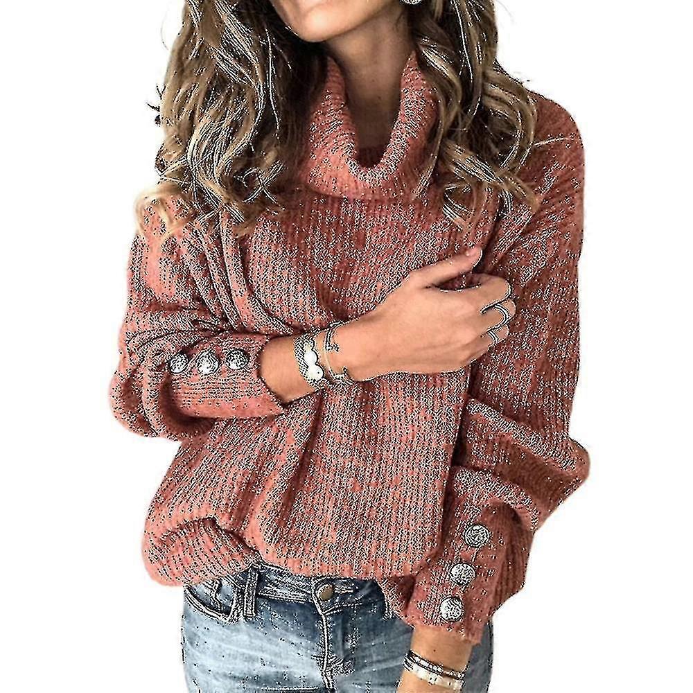 Femmes Col Roulé Pull Manches Longues Tricotées Bottons Jumper Dames Lâche Décontracté Pull Pull Pull