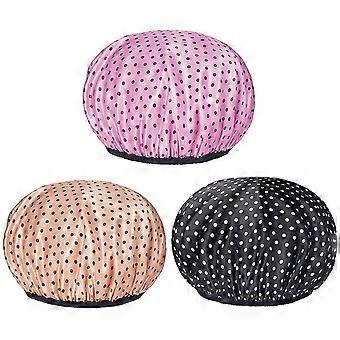 Bonnet de douche, bonnet de douche pour les femmes cheveux longs, bonnet de bain de cheveux satinés soyeux imperméable à l’eau, grande taille 3 couleurs (à pois)-QJWL