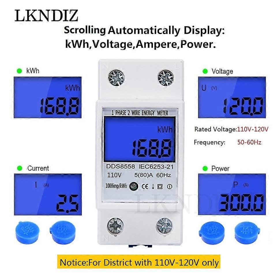 Din Rail kWh Meter 1 Phase 2 Wire LCD Digital Display Power Consumption Energy Electric kWh Counter AC 110V-230V 50/60Hz