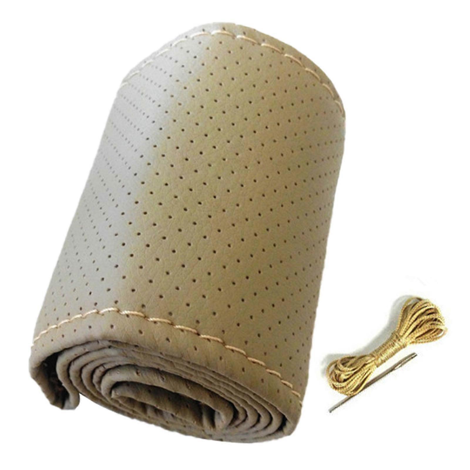 Microfiber Leather Steering Wheel Cover for 38cm Diameter Universal Fit Hand Sewn Beige Perforated Design