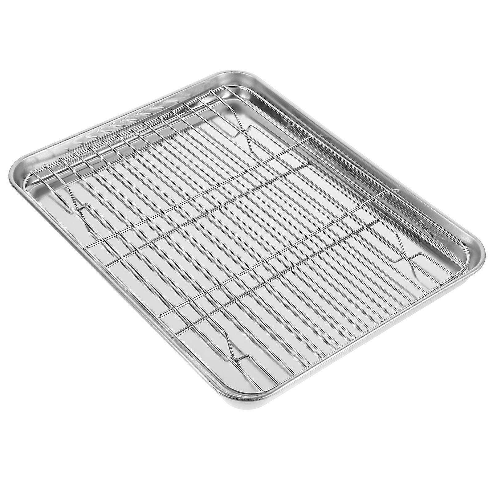 2 Pieces/Set Rectangular Baking Tray Stainless Steel Baking Pan Sheet with Removable Cooling Rack - 31x24x2.5cm
