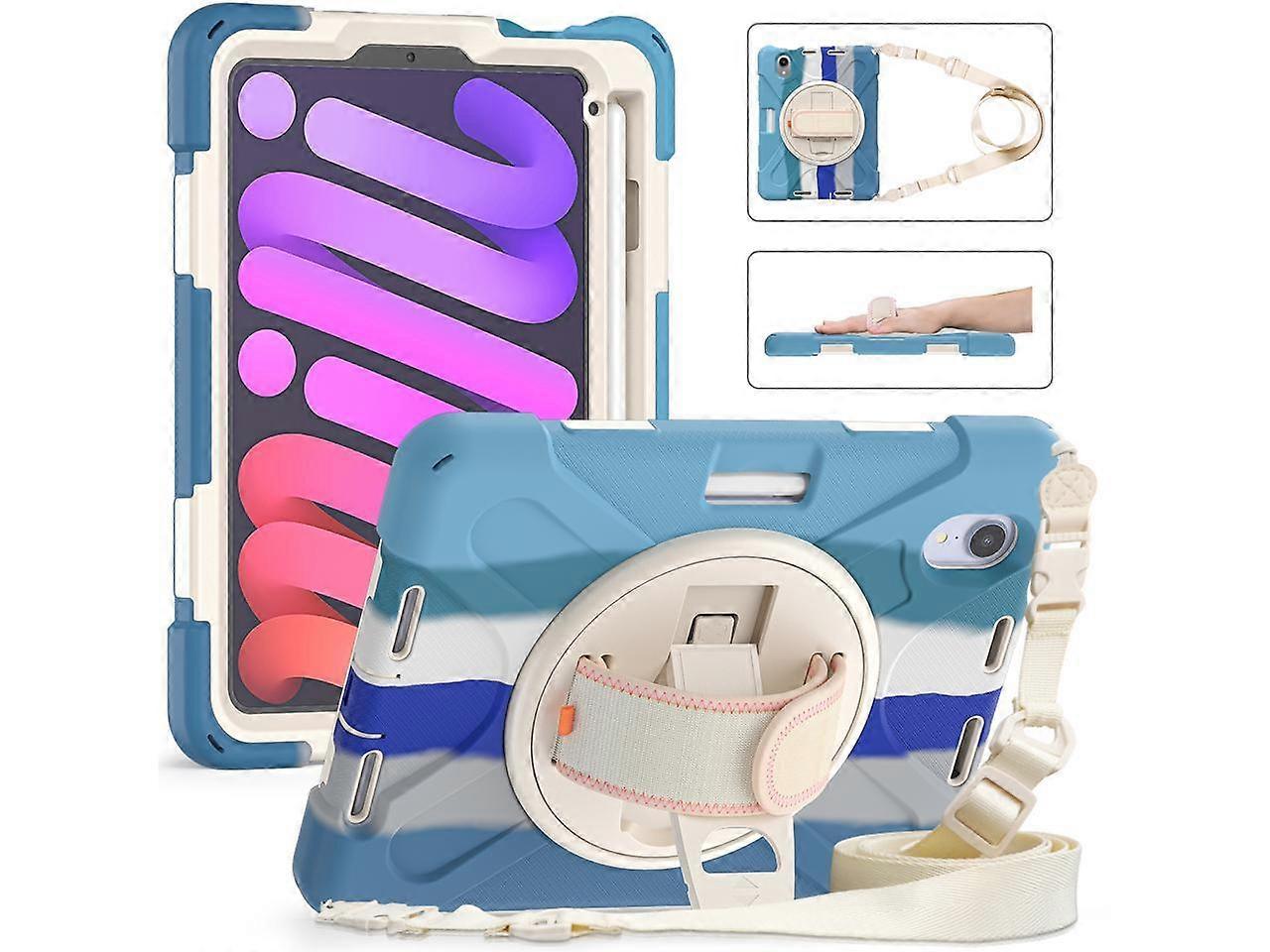 iPad Mini 6 2021 Case (6th Generation) with Pencil Holder / 360 Rotation Stand / Hand Strap and Shoulder Strap Rugged Shockproof Cover for iPad Mini 6