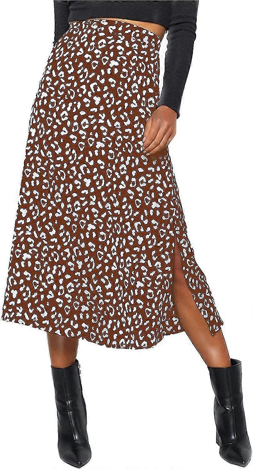 Women's Elegant High Waist Side Split Thigh Midi Skirt Leopard Print Zipper Satin Skirts S-2xl