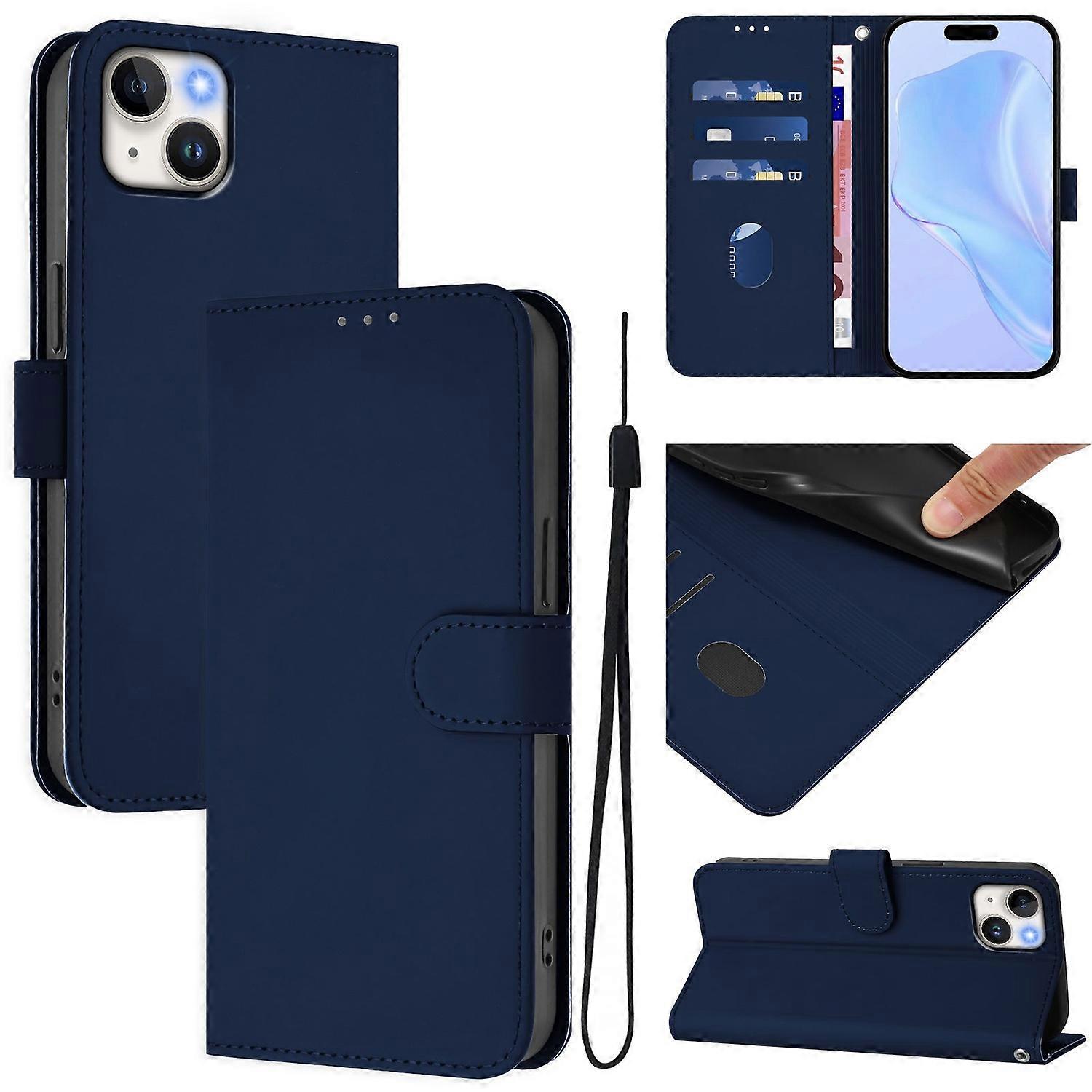 For iPhone 15 Plus Case Solid Color Wallet Leather Phone Cover with Strap - Navy Blue