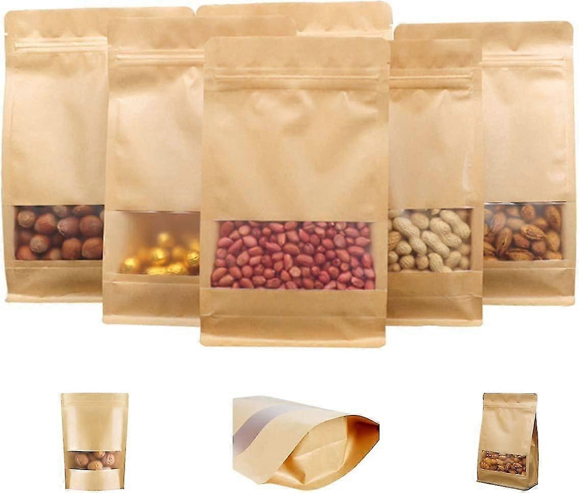 30ピースクラフト紙袋、透明ウィンドウクラフト紙袋、ジッパー再利用可能なクラフト紙袋(14 * 24cm)