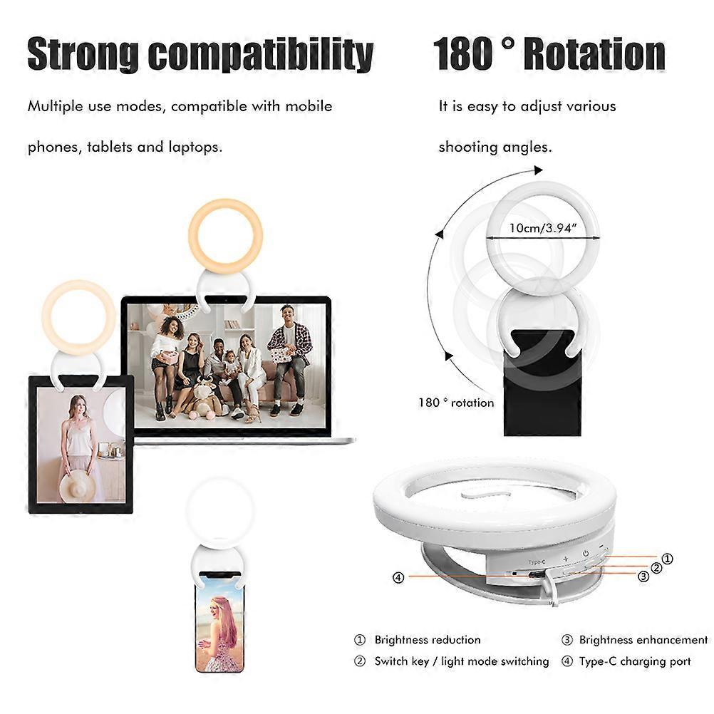 Selfie Ring Light Circle 180° Rotating Mini Fill Light USB Rechargeable 3 Light Modes Clip on Ring Light for Cell Phone Photography Video