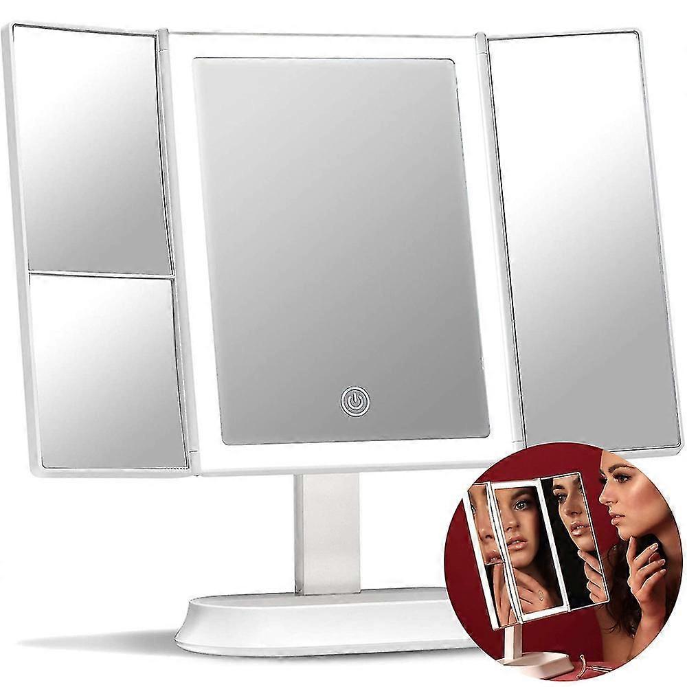 Large Makeup Mirror With Natural Led Lights, Lighted Trifold Vanity Mirror With 5x 7x Magnifiions - Dimmable Lights, Touch Screen, Cosmetic Stand