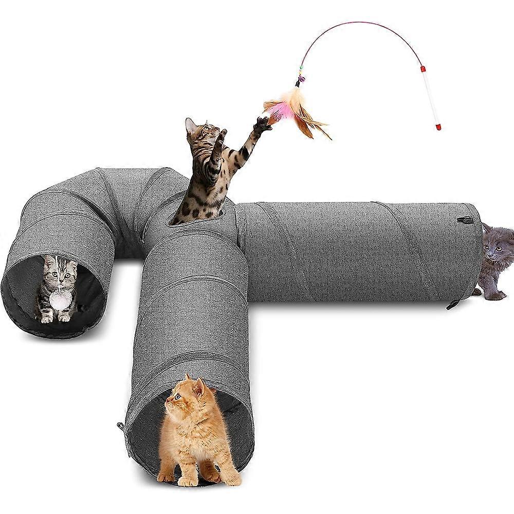Cat Tunnel, 3-Way Cat Tunnel, Fabric Cat Tunnel with Ball and Cat Toys, Expandable and Foldable Cat Tunnel, Play Tunnel for Cat, Puppy, Rabbit, Gray