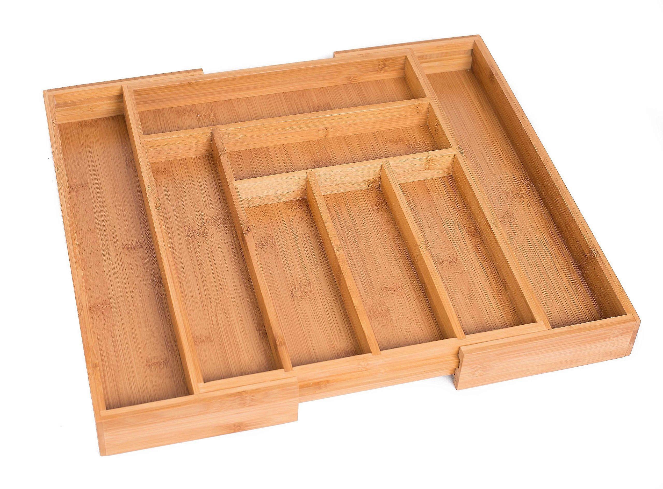 Expandable Utility Drawer Organizer for Kitchen Storage, Adjustable Natural Wood, Fits Standard Drawers, Customizable Sections