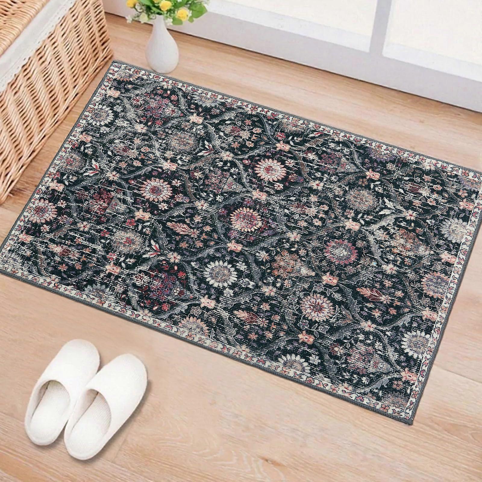 Moroccan Trellis Washable Rug 2x3 Non-Slip Entryway Mat for Kitchen Bathroom Ultra-Thin Black Multi Small Carpet
