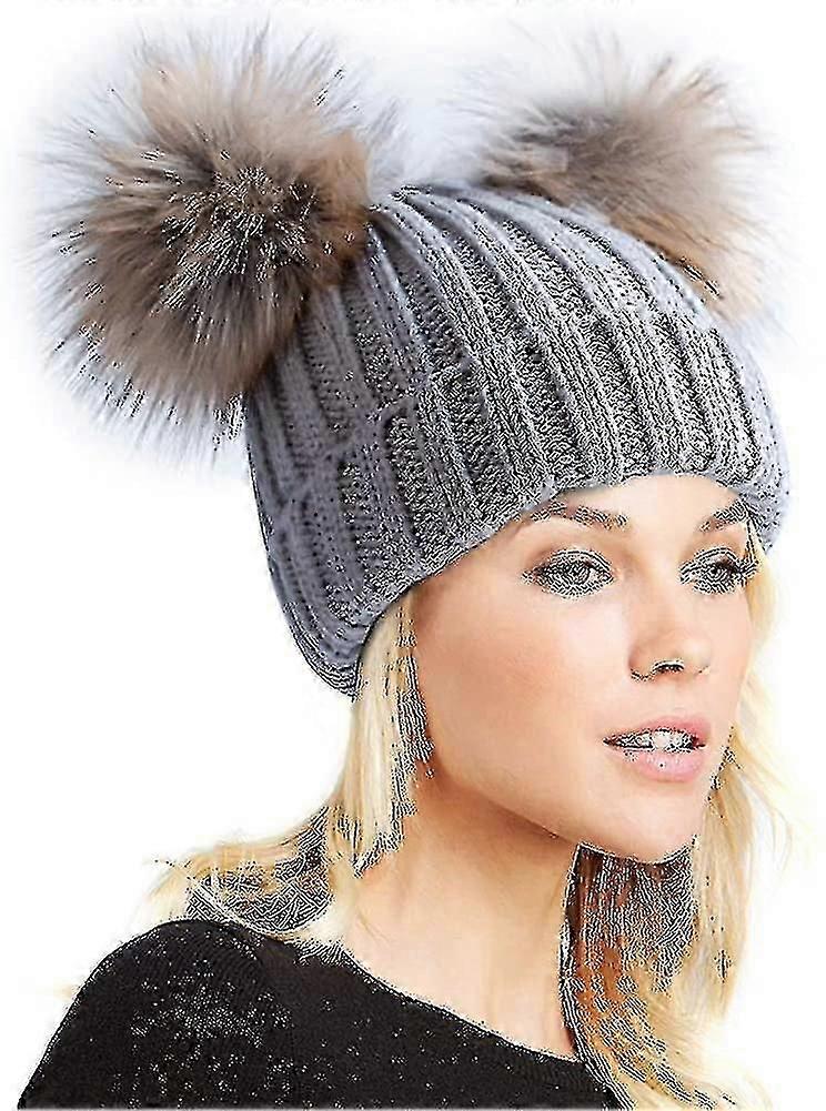 Women's Winter Double Bonnet Bonnet Wool-lined Pom Pom Hat Knitted Faux Fur Bonnet-2025