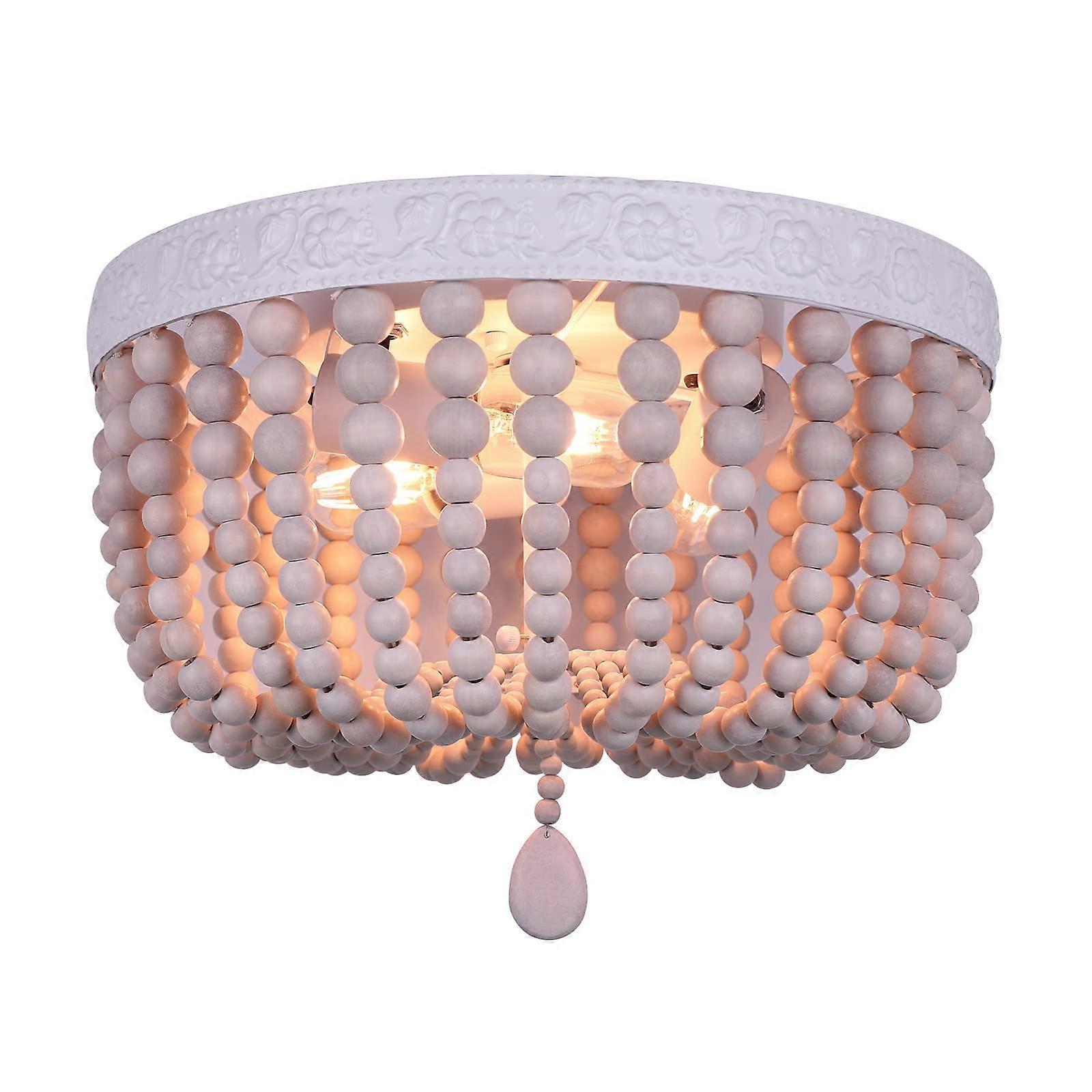 3 Light Boho Wood Beaded Chandelier Flush Mount Ceiling Light Fixture Rustic Pendant Light in Natural Finish