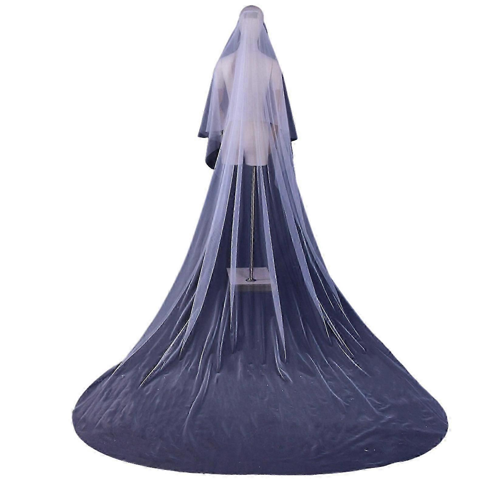 透明双层超长薄纱新娘头纱，带固定梳子，用于婚礼庆典派对配饰白色