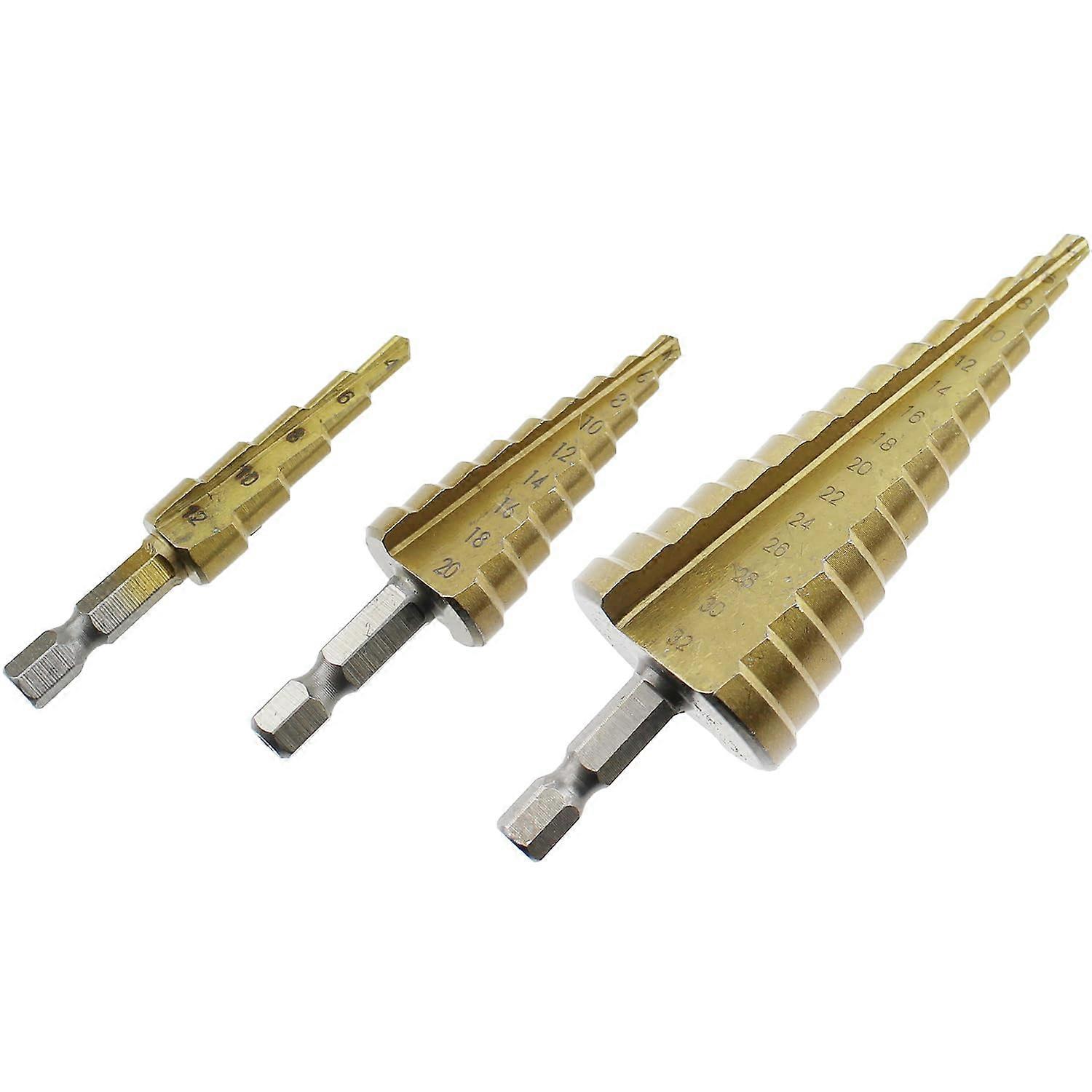 3 x 1/4inch hex shank, quickchange steel taper drill set, metric, 4–12 mm/4–20 mm/4–32 mm, step drill, suitable for DIY drilling machines