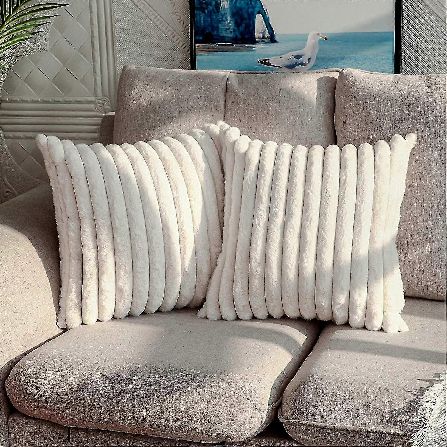 Set of 2 decorative faux fur plush fuzzy stripe pillow covers soft pillowcase suitable for sofas and living rooms 50 x 50cm