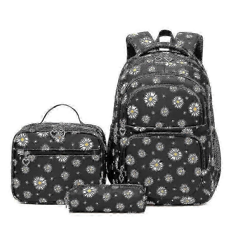 Three Piece Backpack Set With Daisy Print Includes Backpack +  Lunch Bag + Pencil Case #black