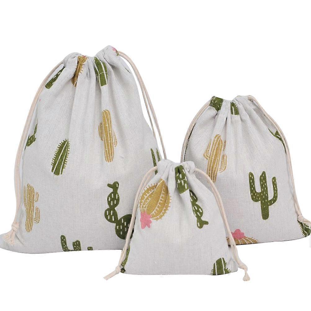 Cotton Drawstring Bag Cactus Printing Storage Bag For Candies Jewelry Sundries Small 14x16cm Dust-proof 3Pcs
