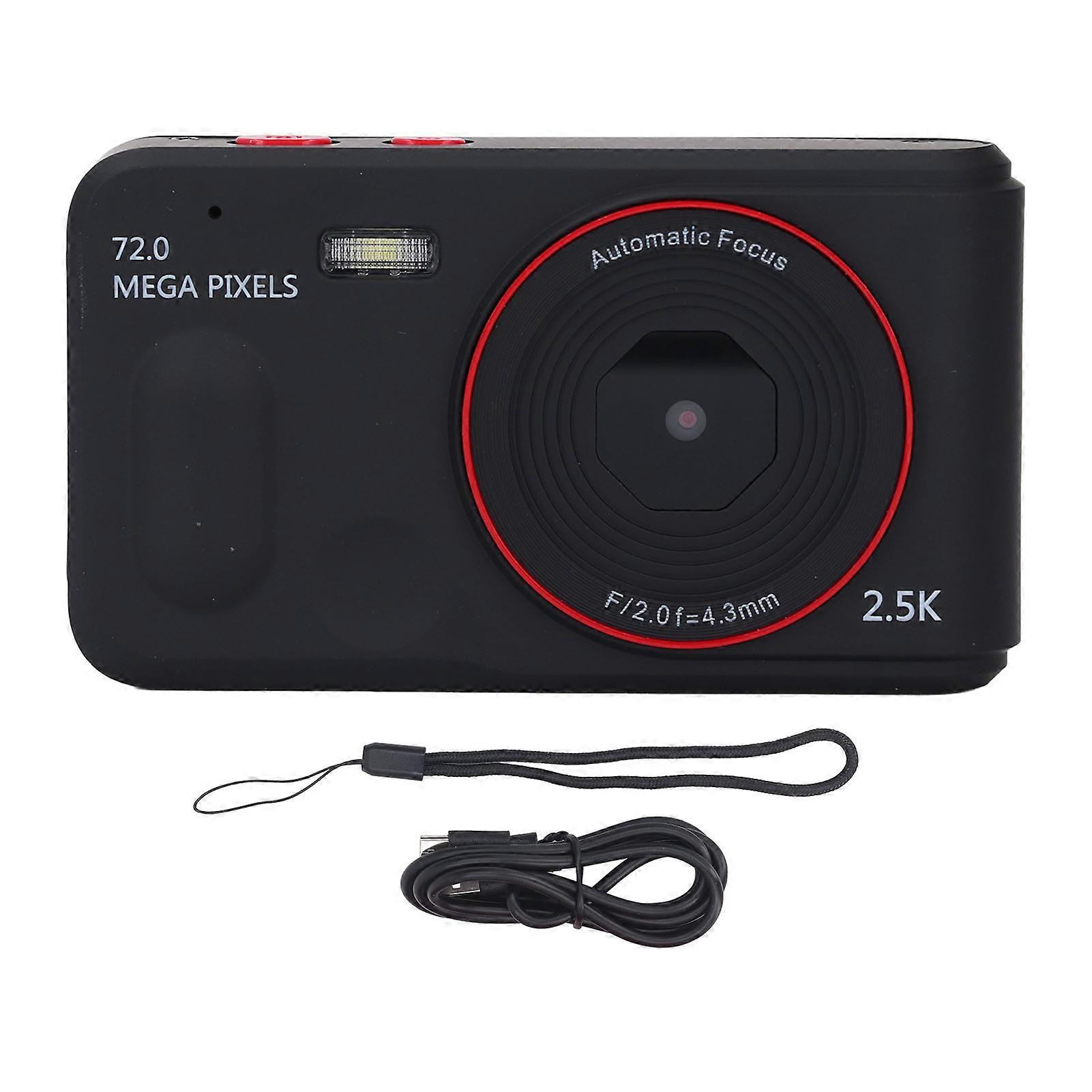 72MP 2.5K Digital Camera, 16x Zoom, Auto Focus, Anti-Shake, 2.4 Inch Screen, Compact and Portable, for Kids, Students, Vlogging, Black