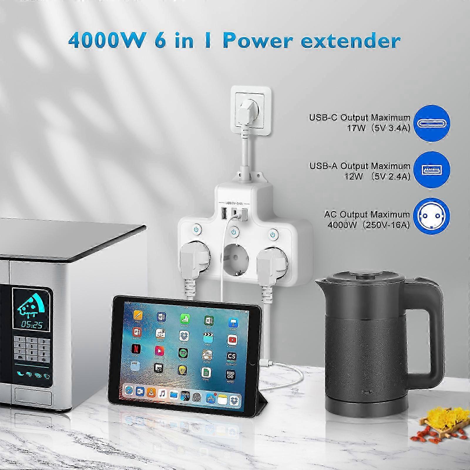 USB C Power Strips, Compatible with Various Devices, Featuring Multiple USB Ports and 3 Schuko Plugs, USB Wall Adapter with Individual Switc