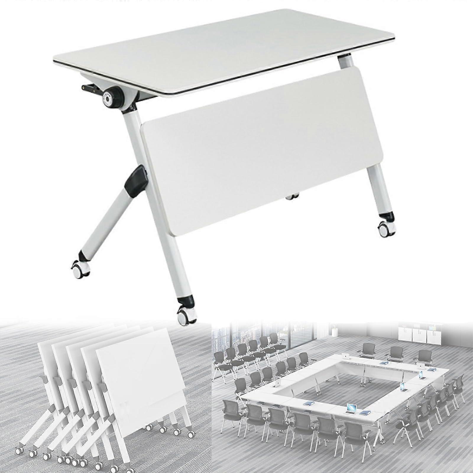 Writing desk computer desk conference table, modern mobile training table with wheels (white, 140x60x75cm)
