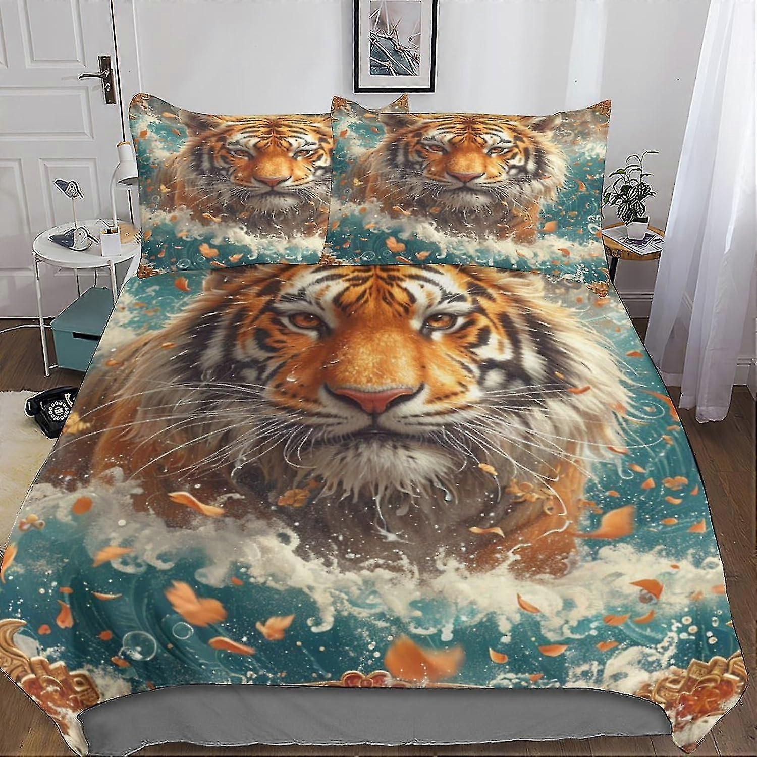 3D Printed Wild Tiger Duvet Cover 3-Piece Animal Quilt Set with Microfiber and Hidden Zipper Closure, Includes Pillowcases for Kids and Adul