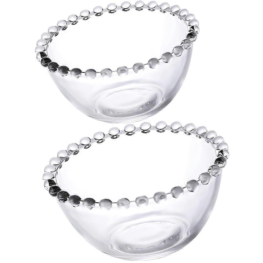 Glass Transparent Salad Bowl 2Pcs Beaded Edges Design Practical Dessert Bowl for Home and Storage