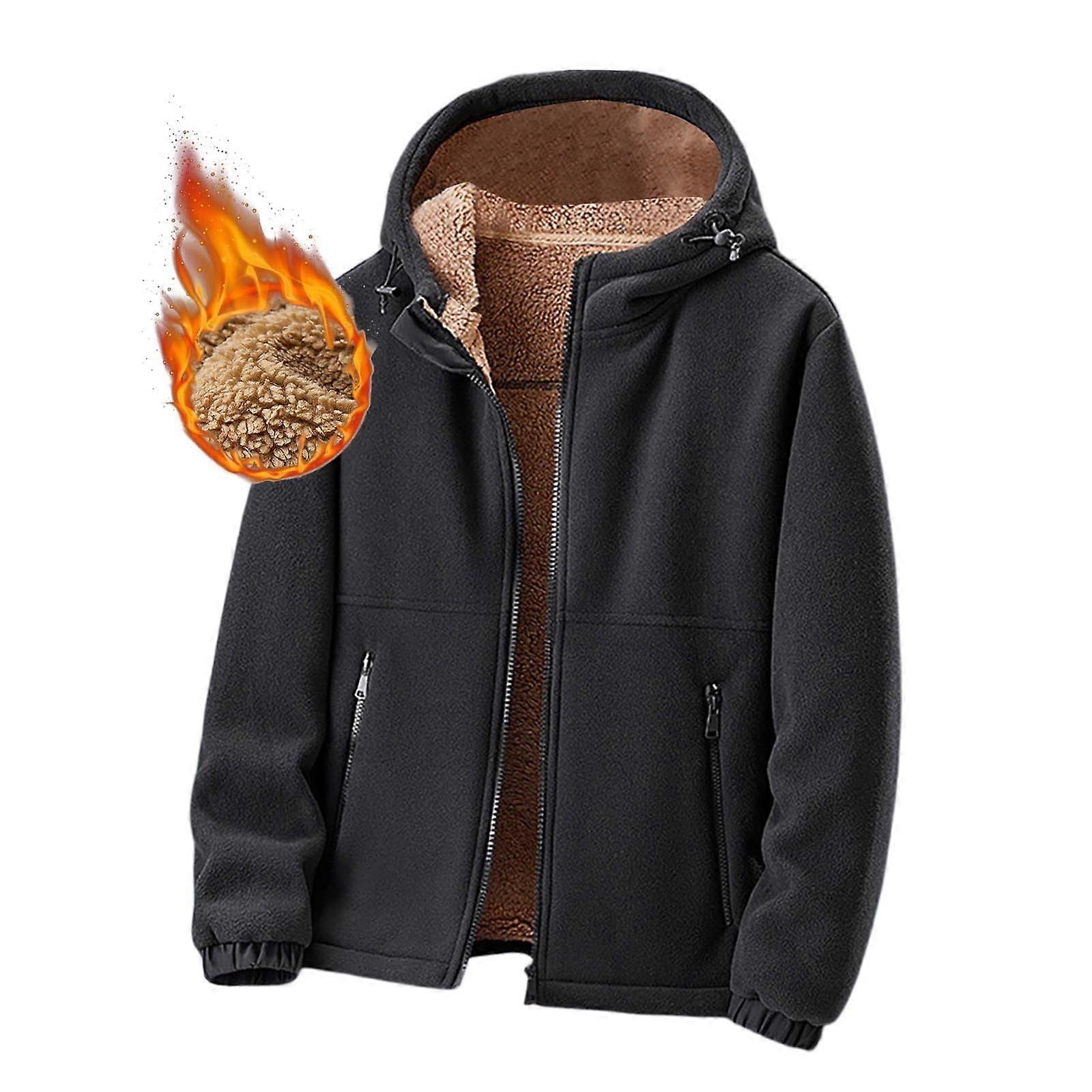 Winter Jacket Men's Teddy Sweat Jacket Plush Fleece Hoodie with Zip Long Sleeve Hooded Design Size L Schwarz
