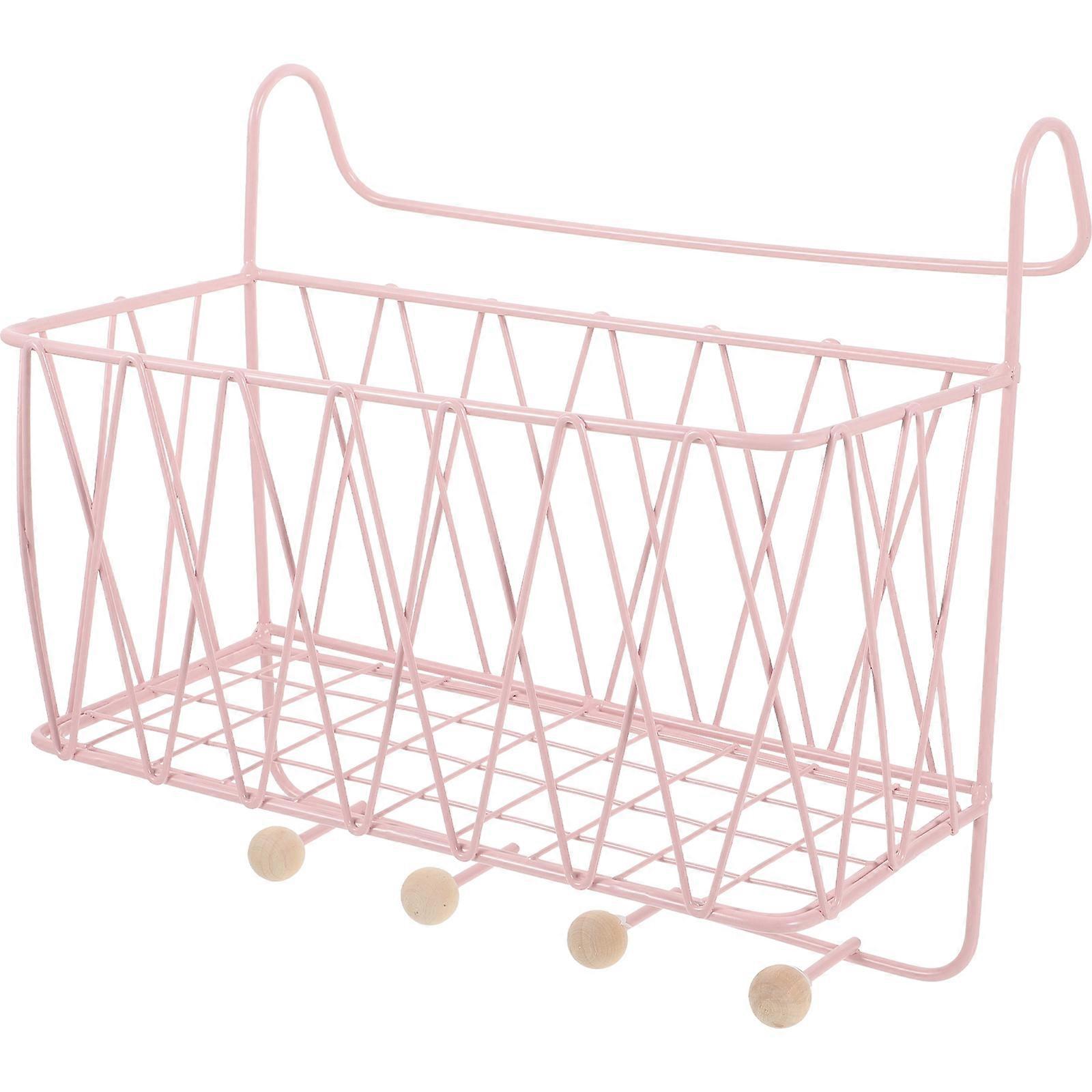 Pink Iron Wall Mounted Storage Basket for Home Organization with Multipurpose Design and Large Capacity
