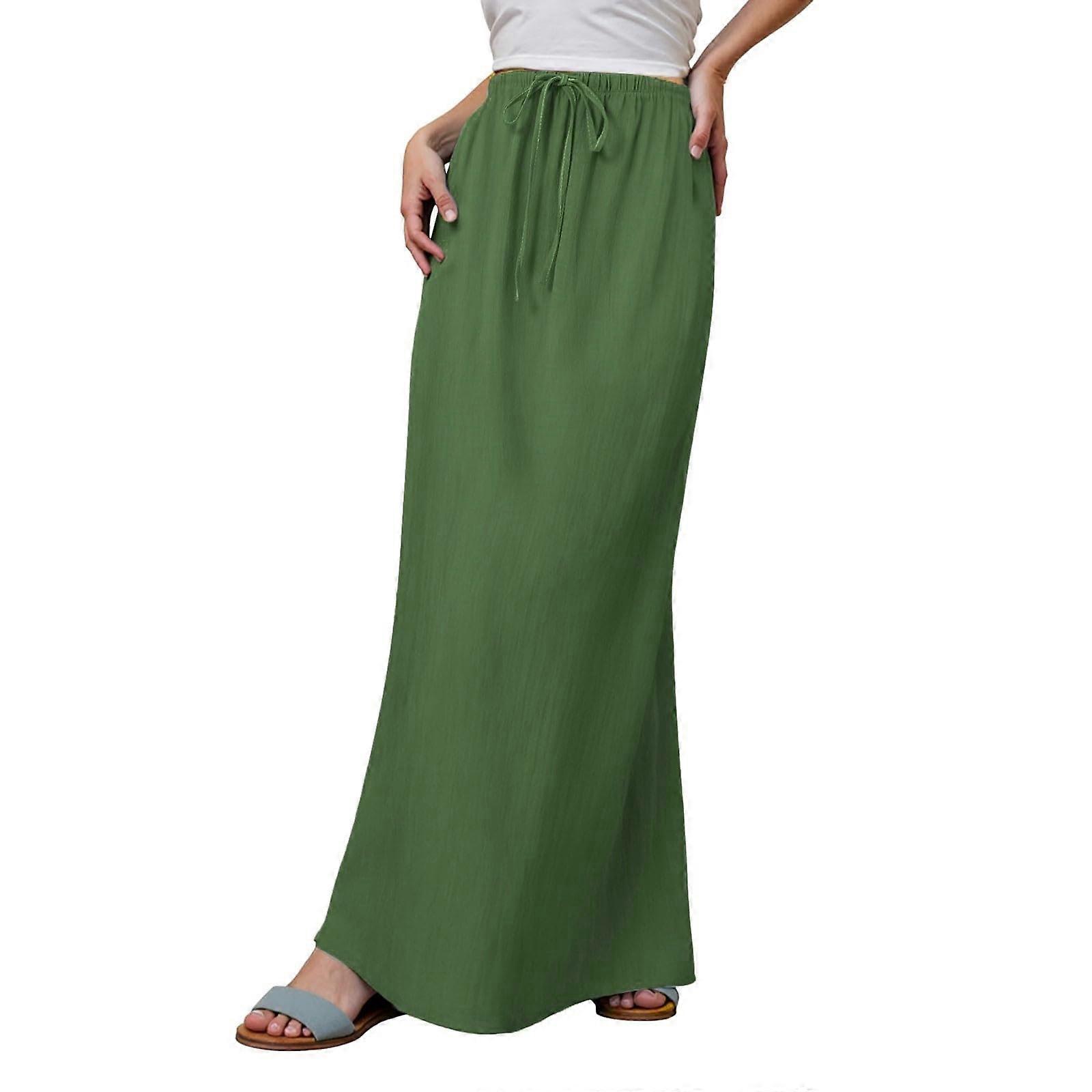 Linen Maxi Skirts for Women, Trendy ALine Skirts with Drawstring Waist, Army Green