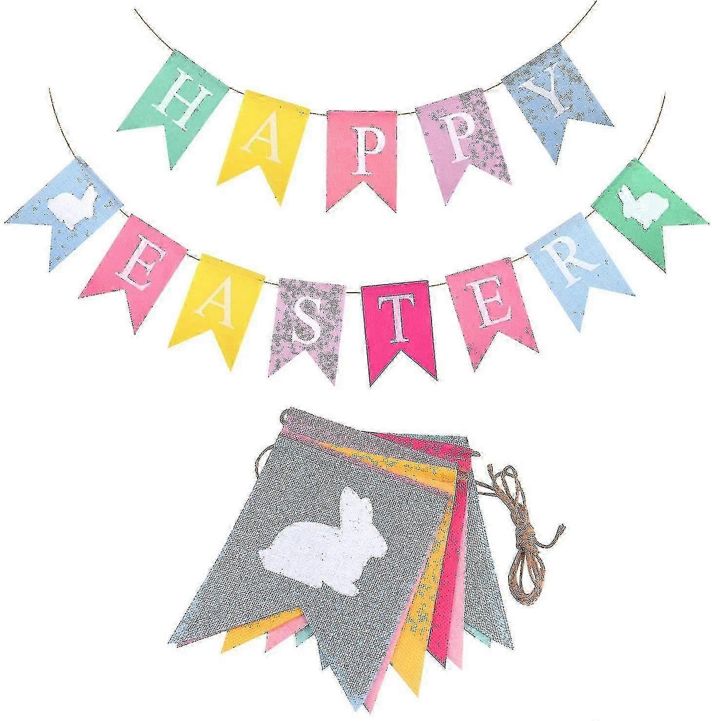 2 Pcs Colorful Happy Easter Banners Easter Burlap Banner Bunny Bunt...