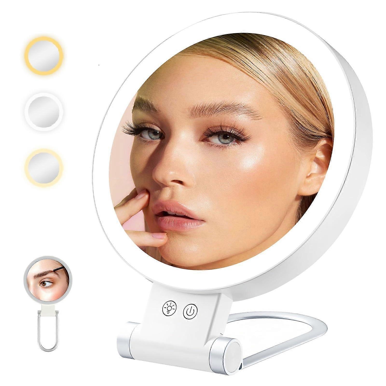 20x Magnifying Mirror With Light DoubleSided Tabletop LED Vanity, Rechargeable Foldable, 3Color Dimmable Lighting