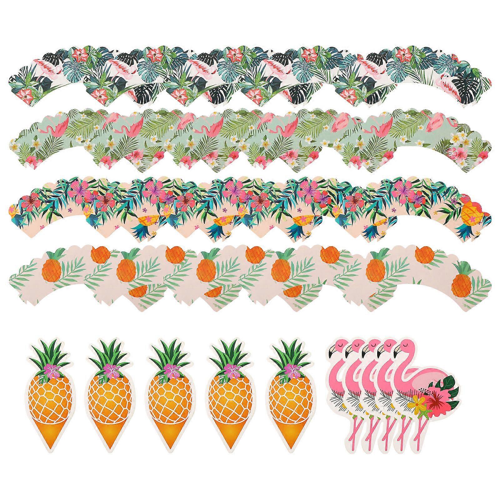 48Pcs Cake Decoration Hawaiian Style Wrappers and Cupcake Toppers Ideal for Summer Parties and Baking Cups