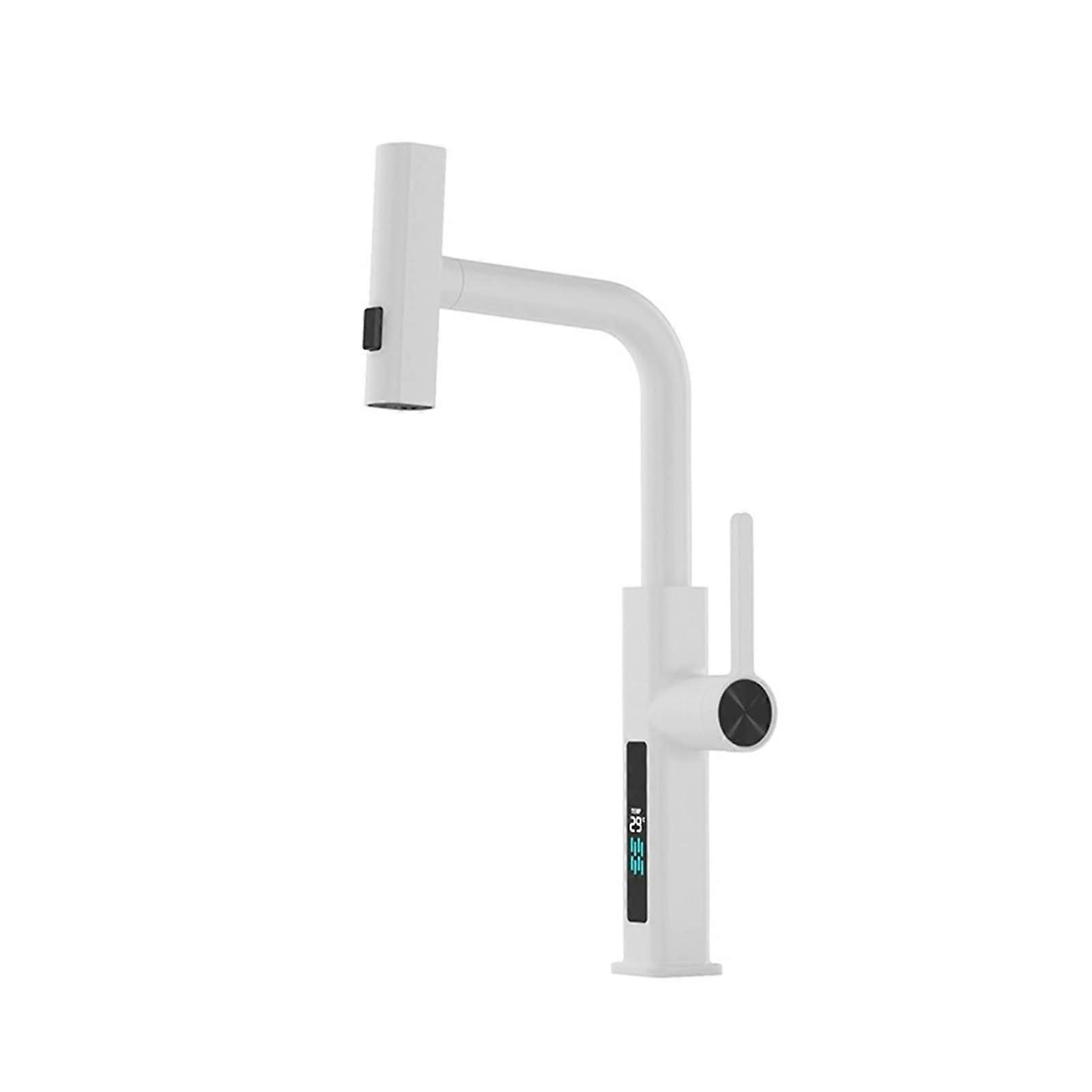 Waterfall Kitchen Faucet with Digital Temperature Display, Pull Out Stream Sprayer, Hot Cold Sink Mixer, 60cm Hose, White