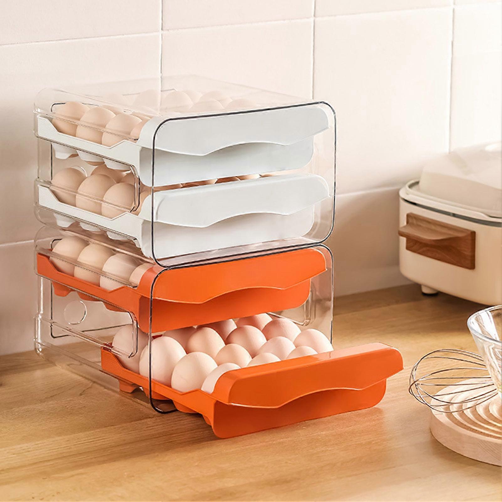 SUSUchens Egg Storage Box, 32-Grid Double Layer Transparent Pull-Out Drawer, Food Grade & Stackable Fridge Container, White