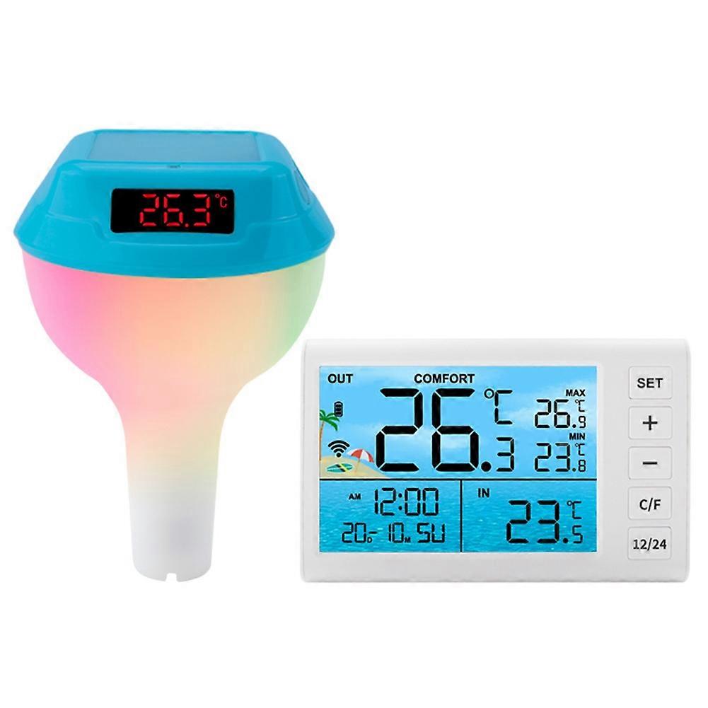 Solar Powered Pool Thermometer with RGB Atmosphere Light Intelligent Outdoor LED Digital Water Thermometer Sky Sea Blue