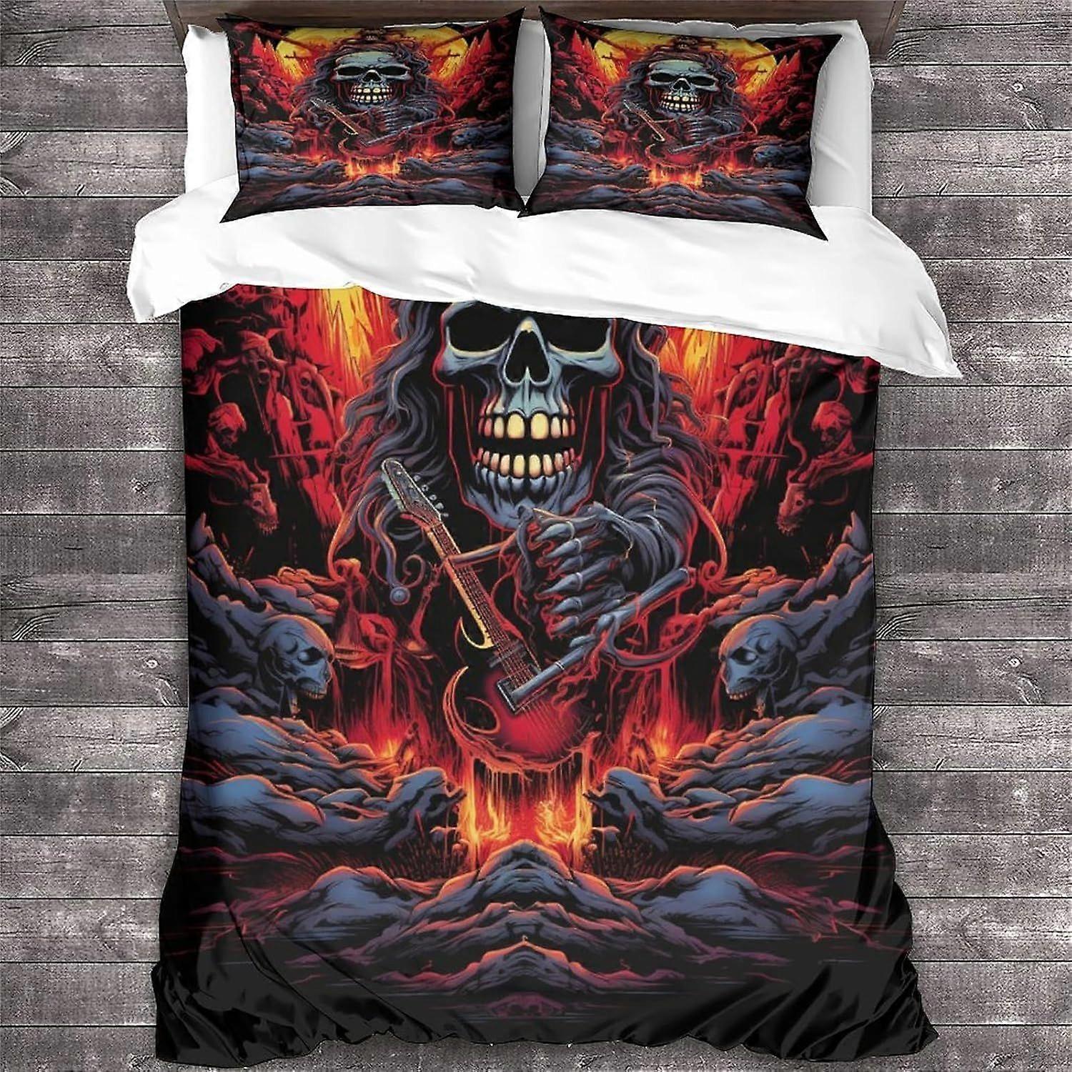 Rock 'n' Roll Påslakan 3D Dödskalle Tryckt Sängkläder Täcke Heavy Metal Gitarr Påslakan med dragkedja Mjuk Microfiber King