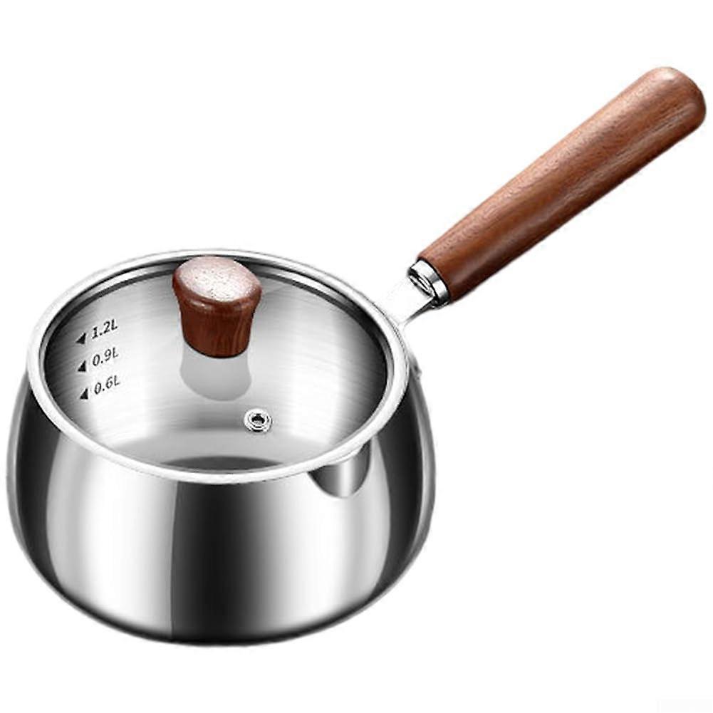 Stainless Steel Milk Pot 1200ml with Even Heat Multi Layer Base, Walnut Handle, Dual Pour Spouts and Glass Lid for Home Cooking