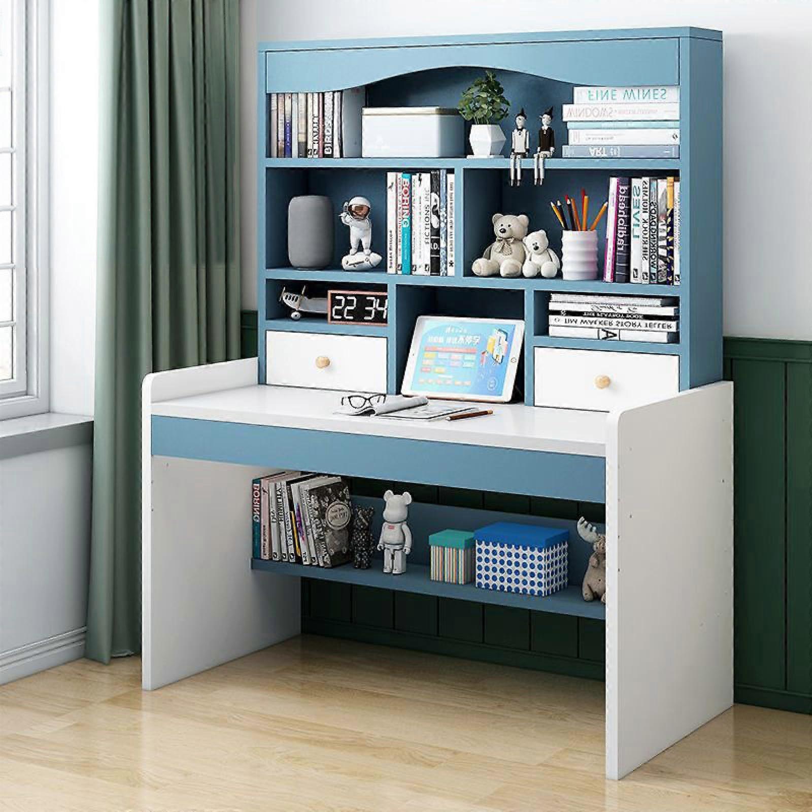 Adjustable Height Computer Desk With 2 Storage Drawers And Bookshelf, Blue 100cm Compact Teen Study And Workstation