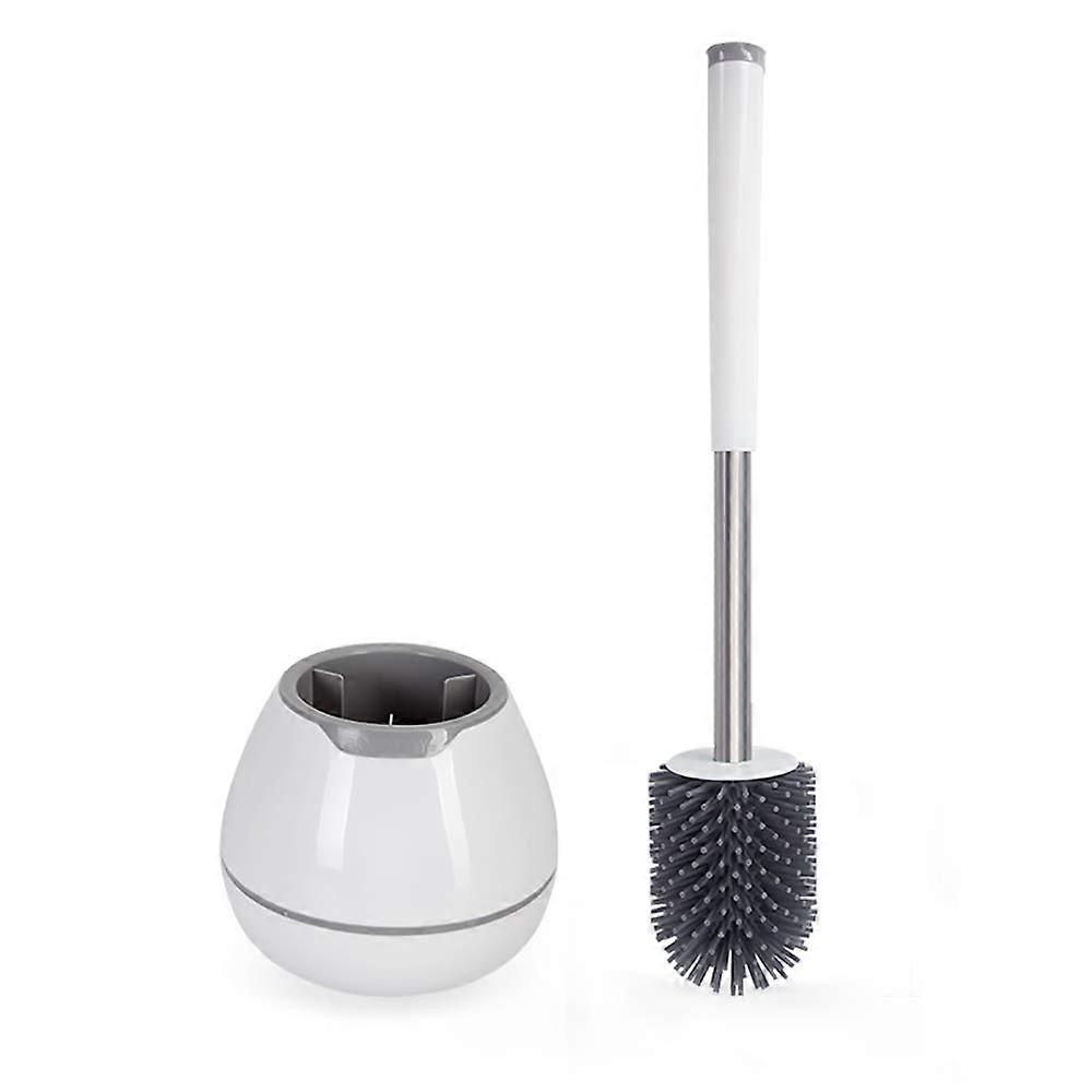 Toilet Brush and Holder Set, Silicone Brush with RustResistant Aluminum Handle, Interchangeable Heads and Hidden Tweezers – White