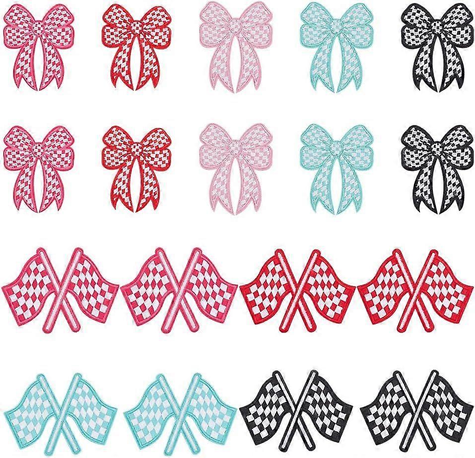 18Pcs 9 Styles Checkered Flag Patches Colorful Bowknot Checkered Flag Iron on/Sewing on Embroidered Cloth Patch Repair Embroidered Applique for DIY Je