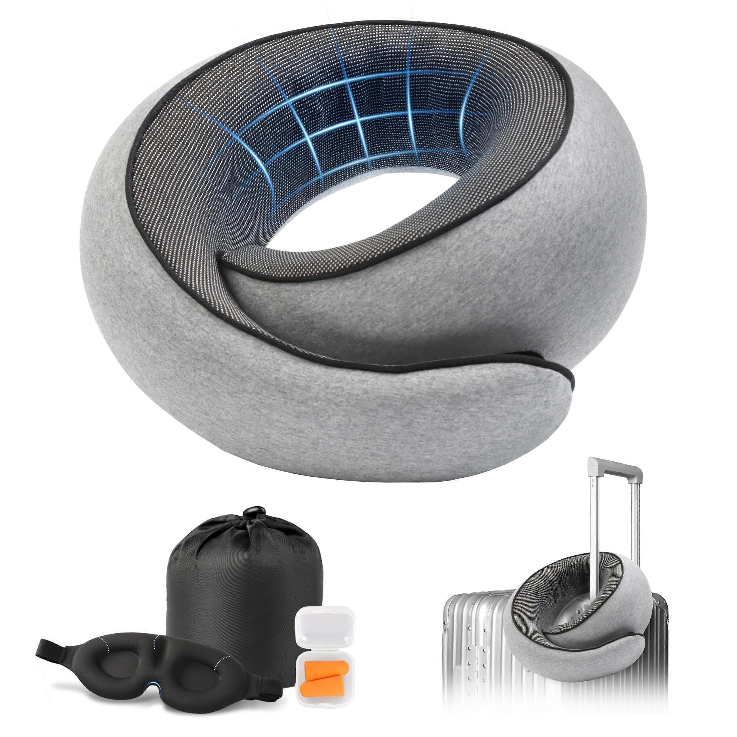 Travel Neck Pillow with 360° Ergonomic Support, Slow Rebound Memory Foam, Washable Cover, Grey