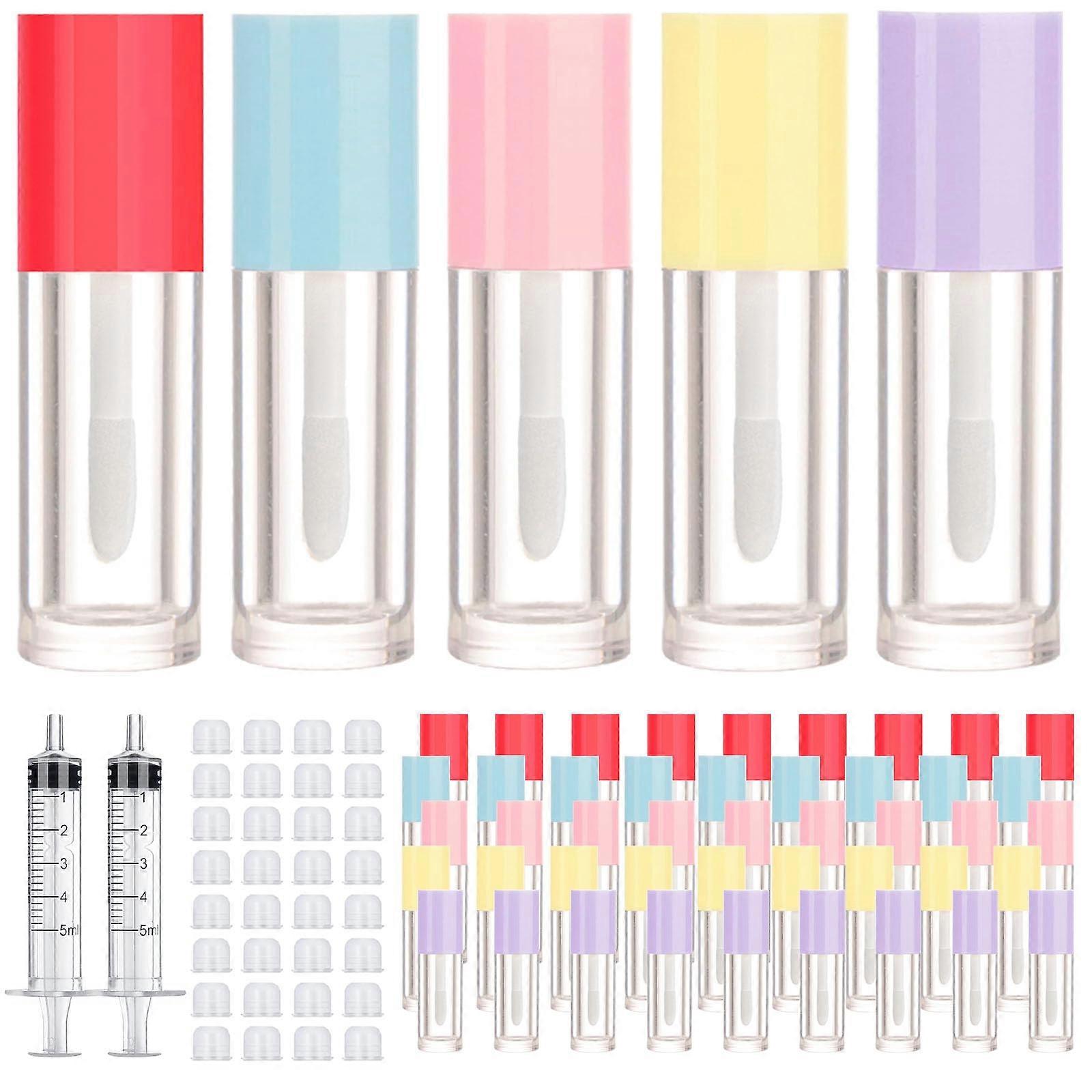50pcs 2.5ml Empty Lip Gloss Tubes with Wand, Clear Refillable DIY Lip Kit with 2 Syringes, 5 Colors